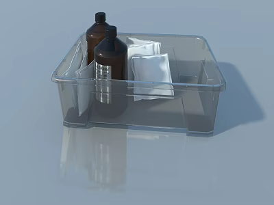 Modern Hinged Door Storage Organizer With Brown Bottles And White Tissues In Clear Plastic Tray 3d model
