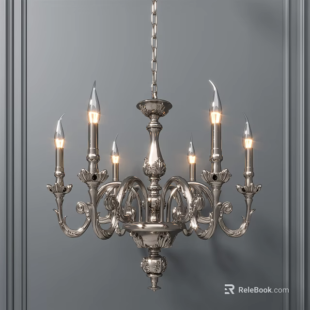 Traditional Metal Chandelier With Ornate Carved Design And Candle Shaped Bulbs Against Gray Wall 3d model 