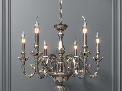 Traditional Metal Chandelier With Ornate Carved Design And Candle Shaped Bulbs Against Gray Wall 3d model