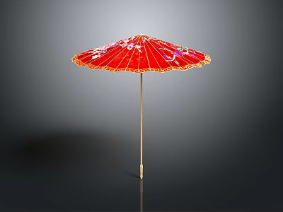 Red Floral Patterned Umbrella As Furniture Decor With Gold Trim And Light Handle 3d model
