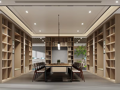 Modern Study Room Interior With Wooden Bookshelves Long Table Chairs And Green Plant 3d model