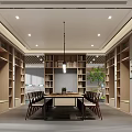 Modern Study Room Interior With Wooden Bookshelves Long Table Chairs And Green Plant