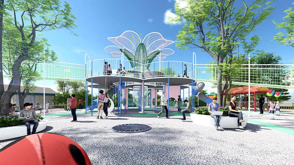 Children's Play Area with Lotus Shaped Structure Kids Playing and Parents Nearby Trees Pebble Ground 3d model 