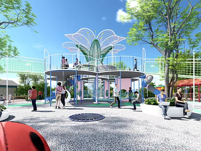 Children's Play Area with Lotus Shaped Structure Kids Playing and Parents Nearby Trees Pebble Ground 3d model