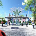 Children's Play Area with Lotus Shaped Structure Kids Playing and Parents Nearby Trees Pebble Ground