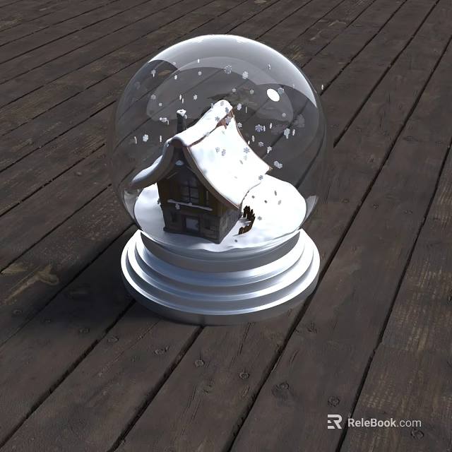 Snow Globe Decorative Ornament Set With Mini House Snow And Silver Base On Wooden Floor 3d model 