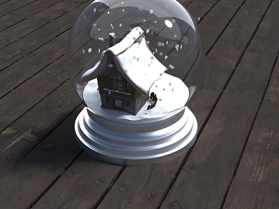Snow Globe Decorative Ornament Set With Mini House Snow And Silver Base On Wooden Floor 3d model