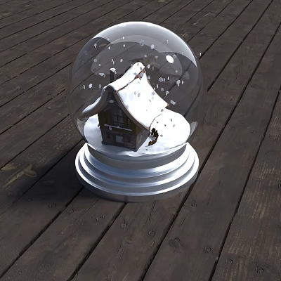 Snow Globe Decorative Ornament Set With Mini House Snow And Silver Base On Wooden Floor 3d model