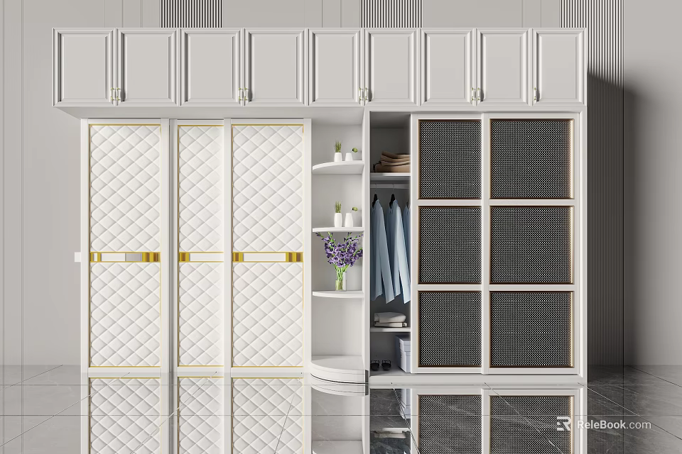 Modern Elegant Wardrobe With Quilted Doors Gold Handles Open Shelf And Lattice Cabinets 3d model 