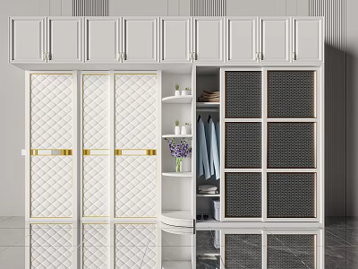 Modern Elegant Wardrobe With Quilted Doors Gold Handles Open Shelf And Lattice Cabinets 3d model