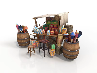 Mobile Street Cart with Wooden Barrels Small Tables and Various Goods Under Canvas Canopy 3d model