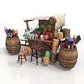 Mobile Street Cart with Wooden Barrels Small Tables and Various Goods Under Canvas Canopy