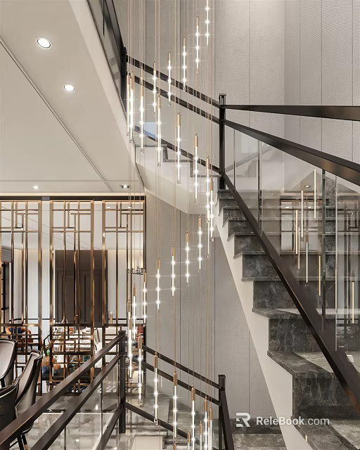 Elegant Modern Chandelier In Staircase With Glass Railing And Metal Frame Design 3d model 