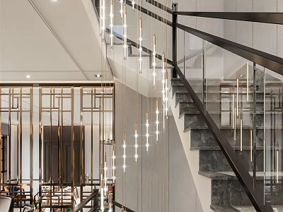Elegant Modern Chandelier In Staircase With Glass Railing And Metal Frame Design 3d model