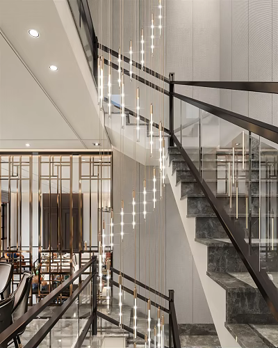 Elegant Modern Chandelier In Staircase With Glass Railing And Metal Frame Design 3d model