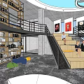 Public Office Space with Open Design Bookshelves Desks Colorful Chairs and Curved Seating Areas