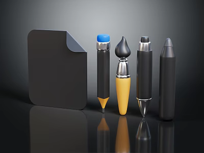 Various Types Of Pens With Yellow Accent Blue Cap And Black Notebook On Reflective Surface 3d model