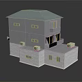 Two Story Gray House Building With Light Blue Roof Multiple Windows And Brick Base