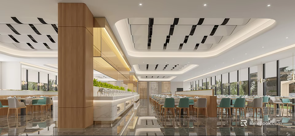 Modern Dining Space Interior With Wooden Pillars Marble Counter Green Chairs And Natural Light 3d model 