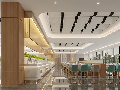 Modern Dining Space Interior With Wooden Pillars Marble Counter Green Chairs And Natural Light 3d model
