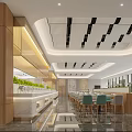 Modern Dining Space Interior With Wooden Pillars Marble Counter Green Chairs And Natural Light