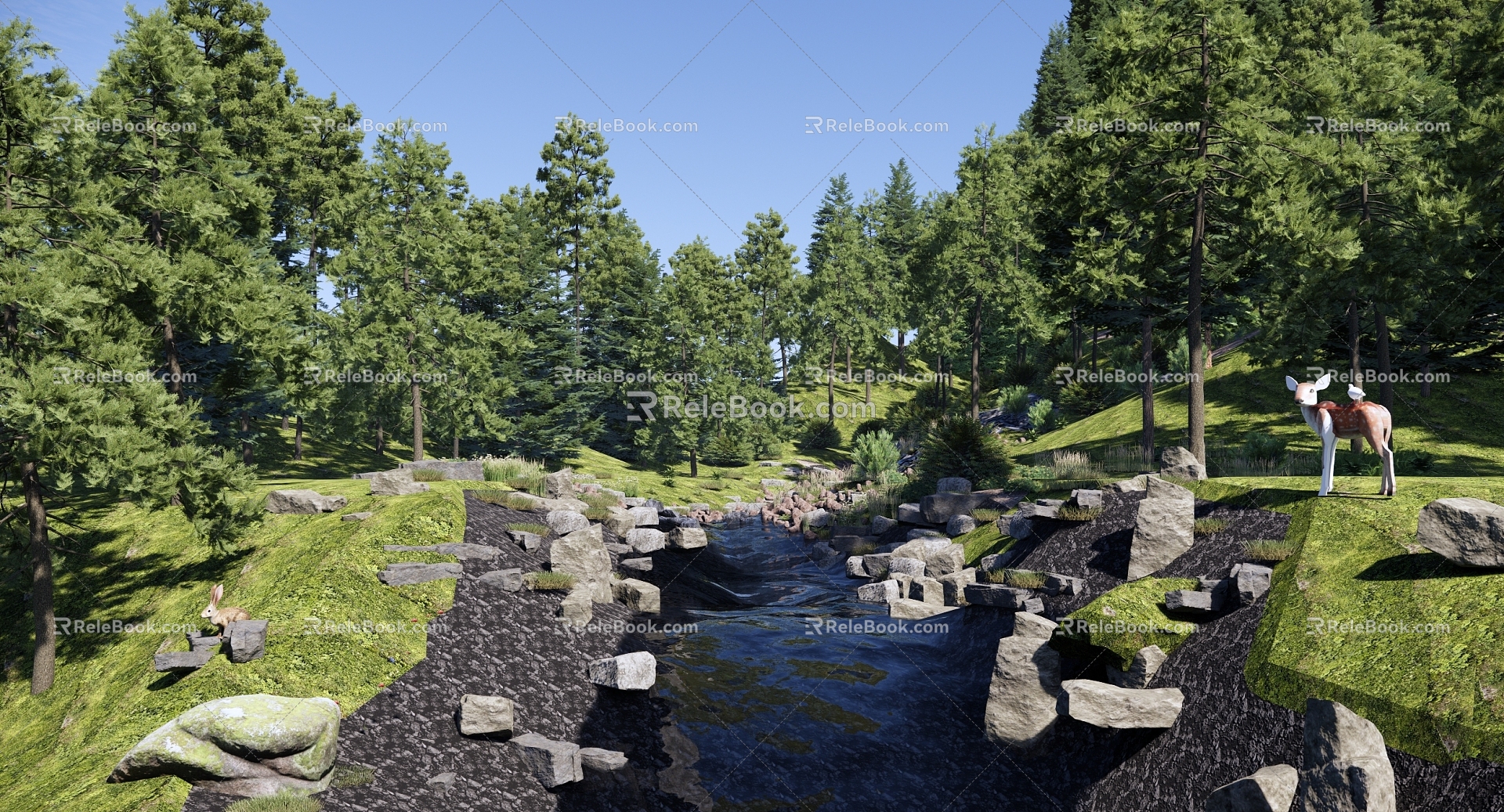 Modern Park Nature Forest Park Landscape Mountain Park Valley Stream Set Stone River Forest Ecological Wetland Sika Deer 3d model