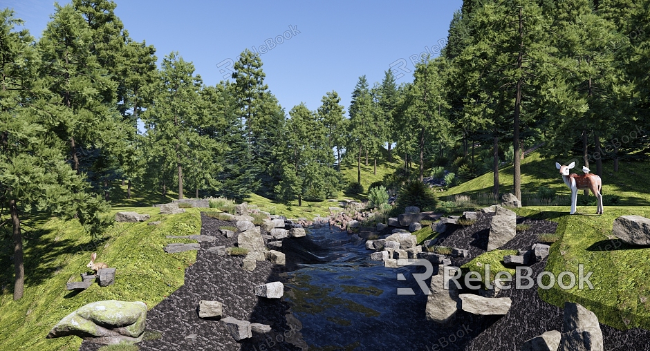 Modern Park Nature Forest Park Landscape Mountain Park Valley Stream Set Stone River Forest Ecological Wetland Sika Deer model