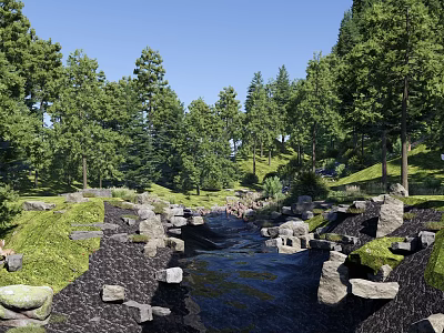 Serene Park Landscape With Flowing Stream Stacked Stones And Lush Trees Green Grass 3d model