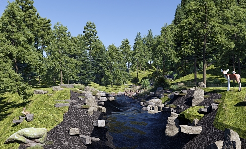 Modern Park Nature Forest Park Landscape Mountain Park Valley Stream Set Stone River Forest Ecological Wetland Sika Deer 3d model