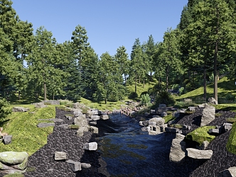 Modern Park Nature Forest Park Landscape Mountain Park Valley Stream Set Stone River Forest Ecological Wetland Sika Deer 3d model