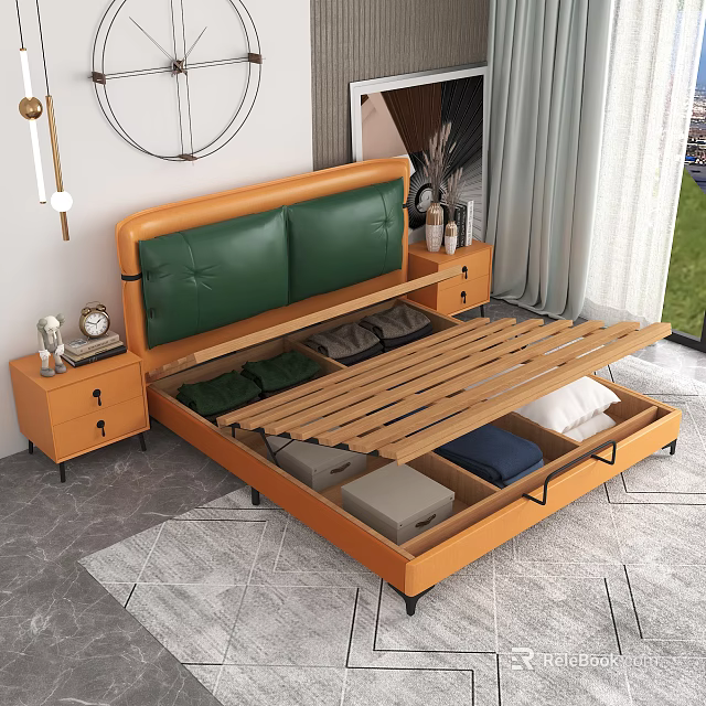 Modern Double Bed with Wooden Frame Green Leather Headboard and Underbed Storage Drawers Beside Nightstands 3d model 
