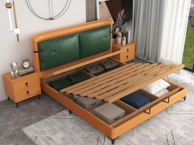Modern Double Bed with Wooden Frame Green Leather Headboard and Underbed Storage Drawers Beside Nightstands 3d model
