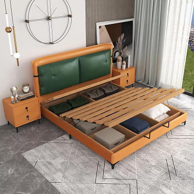 Modern Double Bed with Wooden Frame Green Leather Headboard and Underbed Storage Drawers Beside Nightstands 3d model