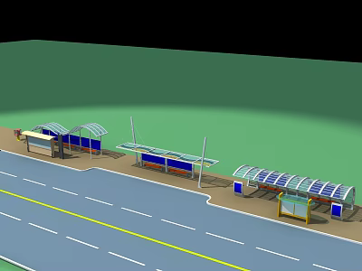 Urban Road Infrastructure With Solar Bus Shelters Light Poles And Seats 3d model