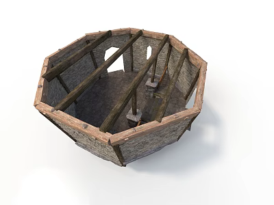 Traditional Octagonal Building Interior Framework With Wooden Beams And Stone Walls 3d model