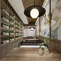 Japanese Restaurant Interior with Traditional Murals Wooden Decor Hanging Lamps and Dining Seats