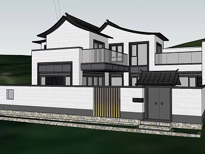 Traditional Chinese Style Detached Villa With White Exterior Glass Windows Balcony And Stone Wall 3d model