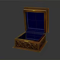 Wooden Display Cabinet Shelf Featuring Carved Design Blue Velvet Lining and Golden Hardware