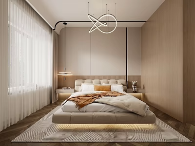 Modern Bedroom Interior With Soft Headboard Bed Nightstands Pendant Lights White Curtains And Geometric Rug 3d model