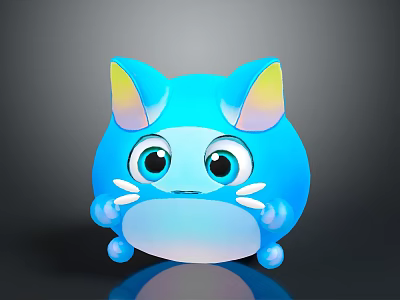 Cute Blue Chubby Cartoon Cat With Big Eyes Yellow Gradient Ears And Shiny Surface 3d model