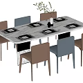 Modern Rectangular Dining Table Set With White Top Brown Blue Chairs And Plant Decoration 3d model