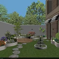 Charming Courtyard Garden Featuring Lush Green Lawn Stone Stepping Stones Decorative Fountain And Flower Beds