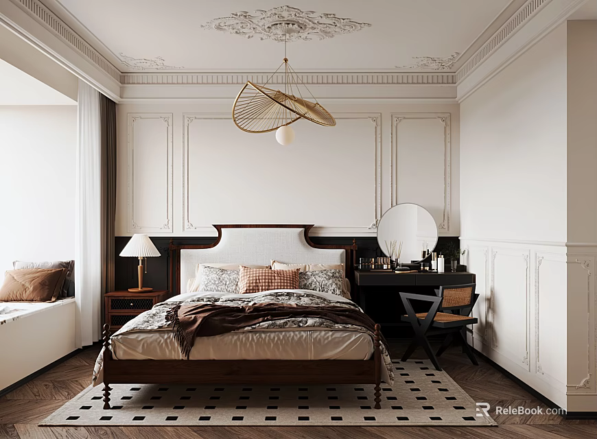 Modern Luxury Bedroom Interior With Ornate Ceiling Bed And Black White Geometric Rug 3d model 