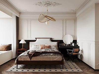 Modern Luxury Bedroom Interior With Ornate Ceiling Bed And Black White Geometric Rug 3d model