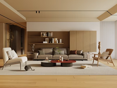Modern Living Room Interior Design With Cozy Sofa Wooden Shelves And Coffee Tables 3d model
