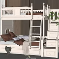 White Wooden Bunk Bed With Ladder Drawers And Soft Pillows In Bedroom