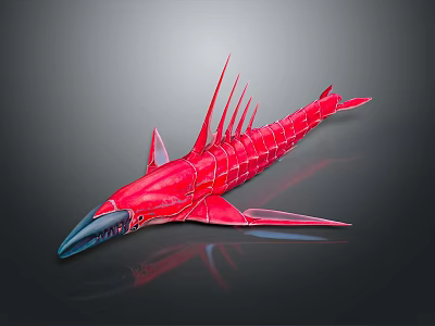 Red Spiked Fish Like Sculpture With Streamlined Body And Sharp Fins 3d model