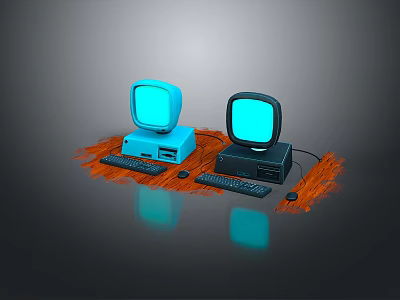 Vintage Computer Setup With Dual Blue Screen Monitors Keyboards Mice And Tower Cases 3d model