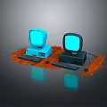 Vintage Computer Setup With Dual Blue Screen Monitors Keyboards Mice And Tower Cases