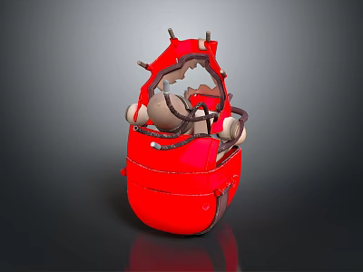 Unique Red Distressed Helmet Design With Decorative Spikes And Inner Structure 3d model